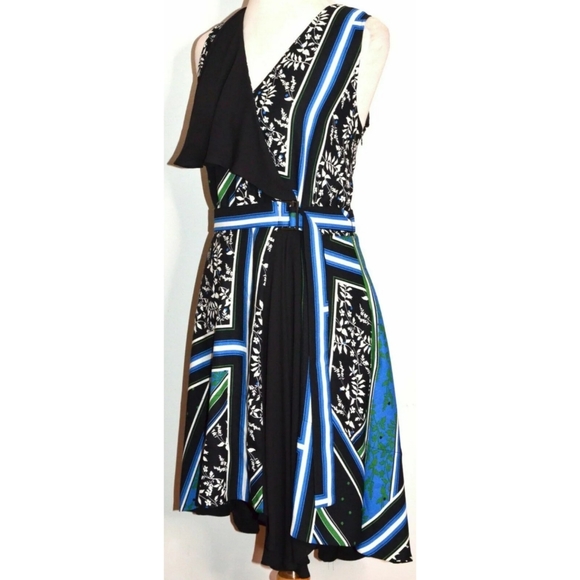 CUE ITALIAN SCARF PRINT BLACK & BLUE FRILL SLEEVELESS BELTED WRAP LOOK DRESS 14 - Picture 2 of 4